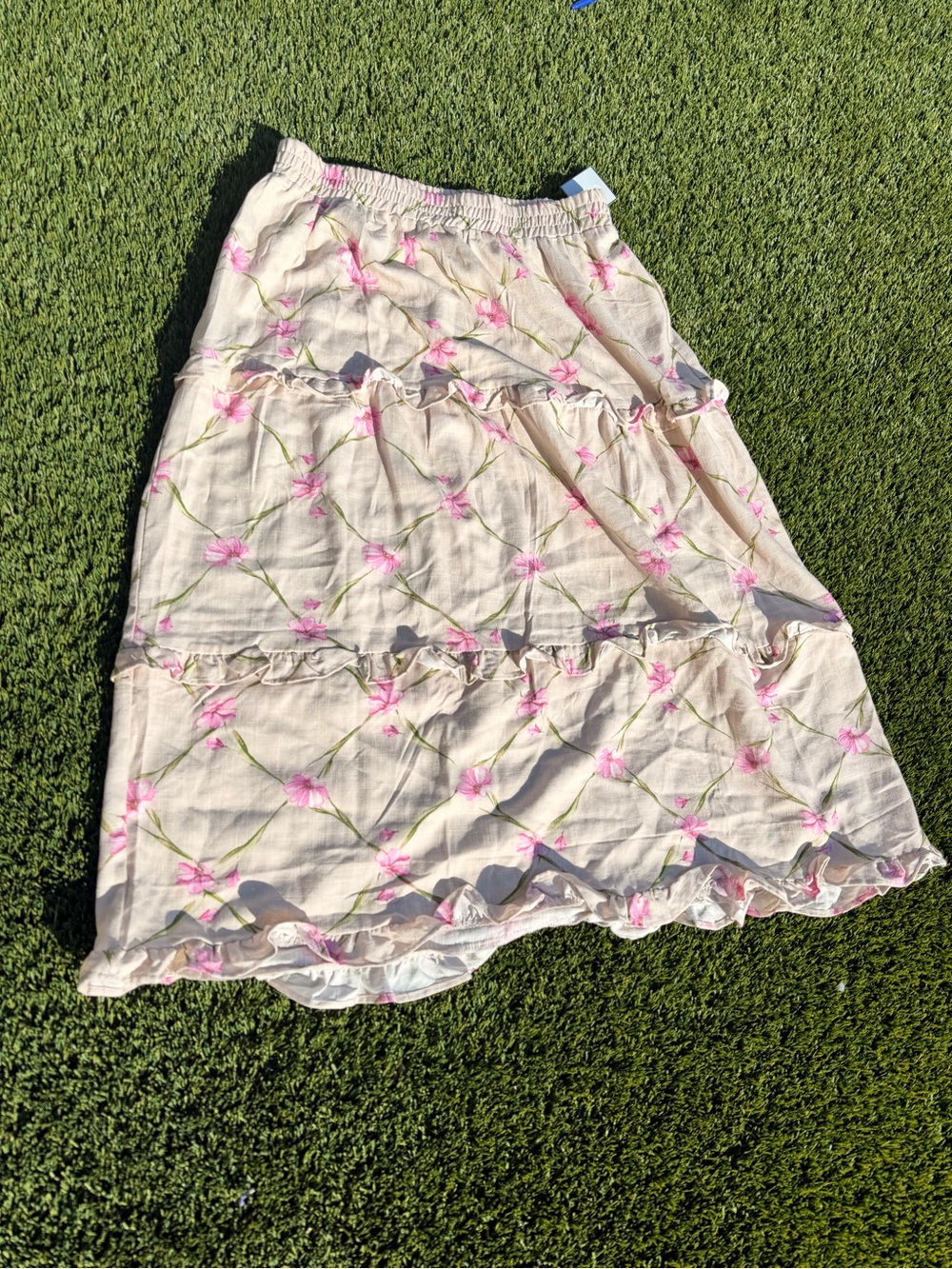 Cream Floral Tiered Maxi Skirt with Pink Blossoms